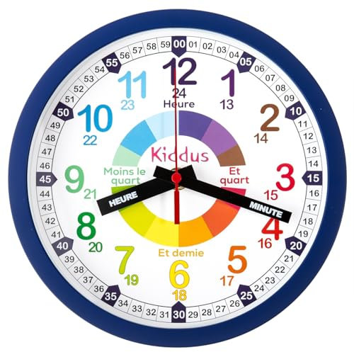 Kiddus Horloge Murale Éducative pour Enfants, Garçon, Fille. Time Teacher Analogique avec Exercices. Facile d’Apprendre à Lire l’Heure. FRANÇAIS Bleu