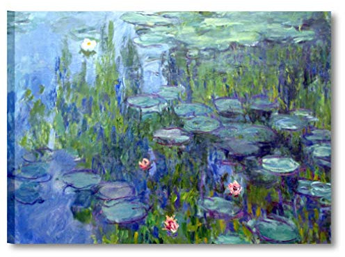 Painting L&C Italia Monet Water Lilies 2 - Modern Picture Blue with Flowers Pink White 70 x 50 cm Print on Canvas for Living Room Office Bedroom Wall Reproduction