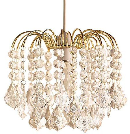 Gold Frame & Clear Acrylic Beads 3 Tier Vintage Easy Fit Waterfall Pendant Light Shade 28cm | None Electric Retro Ceiling Light | Fits E27 B22 E14 B15 Lampholders