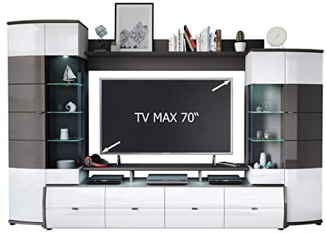Homeface TRENDINA VA Wohnkombination 4-Teilig - Modern - Front:MDF Hochglanz - Farbe:Weiss/Grau - TV Wand - B/H/T:302,2 x 193,3 x 53,2