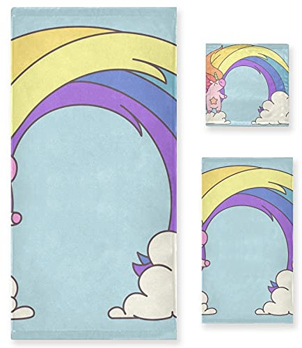 Vnurnrn Nuage Arc en Ciel Licorne Ensemble de Serviettes pour Salle de Bain(1 Serviette de Bain,1 Serviette À Main,1 Gant de Toilette) Résistantes Aux Odeurs pour Garçons Filles