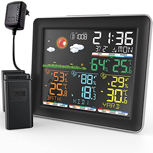 BILIPALA Stazione meteo con 3 sensori esterni, radio, display digitale a colori, orologio radio DCF, igrometro e stazione meteo radio con previsioni meteo, barometro e indicatore di stato comfort