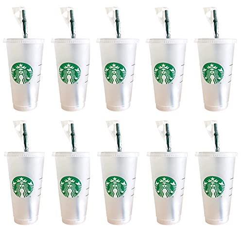 Starbuck Lot de 10 gobelets réutilisables givrés avec couvercle et paille verte avec bouchon 680 ml