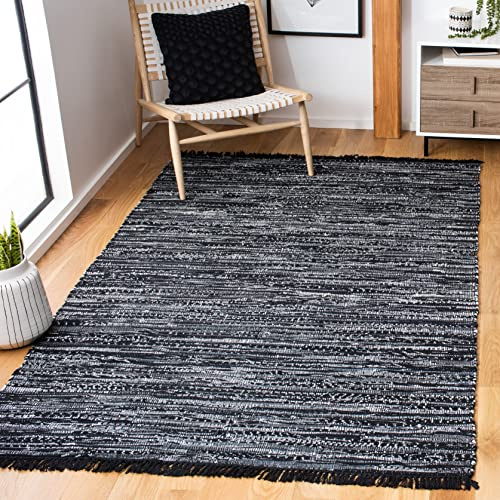 SAFAVIEH Rag Rug, Collection Area Rug - 4' Square, Black, Handmade Boho Stripe Cotton, Ideal for High Traffic Areas in Living Room, Bedroom (RAR121Z)