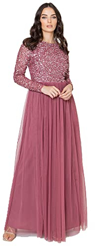 Maya Deluxe Damen Women's for Wedding Guest Plus Size Large Rich High Waist Sequins Long Sleeve Prom Evening Bridesmaid Dress, Desert Rose, 40 EU