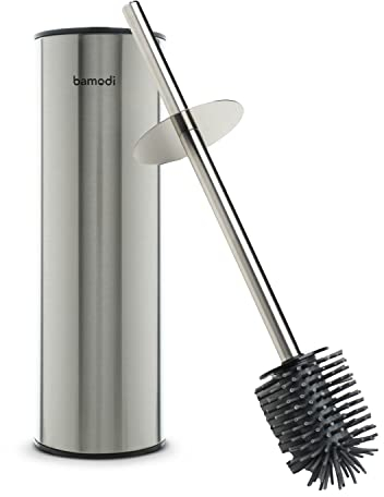 Bamodi WC-Bürsten Edelstahl Toilettenbürste & Halter - Silikon Bürstenkopf mit Behälter und Spritzschutz - Ohne Bohren - modernes Badzubehör - Silber