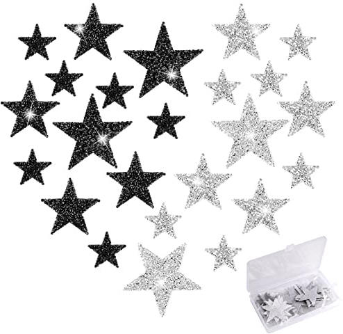 Sterne zum Aufbügeln, 24 Stück Glitzersteine Aufbügeln, Strass Stern Patches, Glitzer Applikation Bügelbilder für Textilien,T-Shirt,Bügelflicken Kinder Erwachsene,Silber/Schwarz (4cm/6cm/8cm)