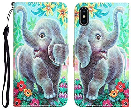 For iPhone X/XS Case Shockproof Cute Pattern with Credit Card Holder Stand Women Kids Leather Flip Folio Wallet Protective Phone Cover Compatible with iPhone X/XS - Elephant