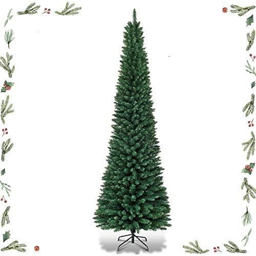 GYMAX Albero di Natale Slim 210 cm, Stretto e Alto, 700 Rami in PVC Ignifugo, Folti e Realistici, Supporto in Ferro, Divisibile da Trasporto, Albero Natale Artificiale Verde, per Interno ed Esterno