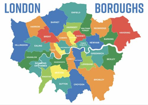 Map of London Boroughs Districts Map Wall Sticker Self Adhesive Poster Wall Art Size 1000mm Wide x 600mm deep (Large)