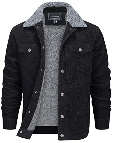 EKLENTSON Fleece Jacket Mens Corduroy Thickened Fleece Coats Winter Warm Jackets with Pockets,Black,XL