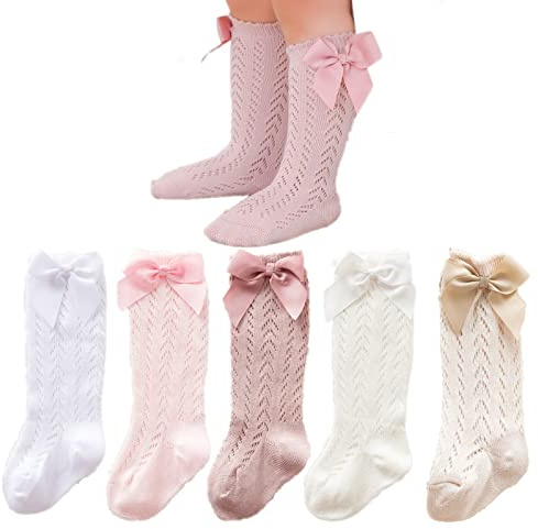 Taous Assam - Calcetines altos hasta la rodilla para bebés y niñas, medias largas de malla con lazo, calcetines delgados para primavera y verano, Paquete de 5 mallas, 0-12 Meses