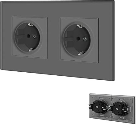 BSEED Enchufe de pared con Panel de cristal,Gris Doble Schuko Enchufe con clips,16A 250V Tomas de corriente empotradas,Enchufe de pared aplicar para Cocina, Dormitorio,Oficina, Hotel, etc