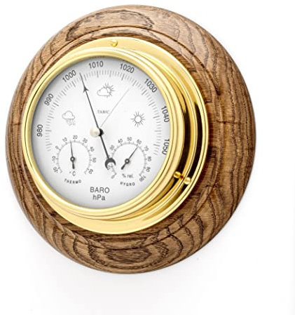 Tabic Brass Barometer with built in Hygrometer and Thermometer mounted on an English Oak Mount, Heavy Lacquered Brass (1/2kg), Sailing Ship Yacht Boating Clock, Handmade In England