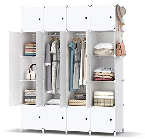 HOMIDEC Kleiderschrank, Tragbarer Regalsystem, 20 Würfel Schrank aus Kunststoff mit 2 Kleiderstange, Schlafzimmerschrank kleiderschrank Weiss für Schlafzimmer,180 x 142 x 45cm