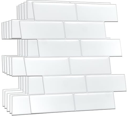 WALPLUS Adesivi 3D per piastrelle staccabili e attacca, decalcomanie per paraschizzi, per cucina, bagno, soggiorno, impermeabili, mosaico bianco puro, 20 pezzi, 15,4 x 30,5 cm