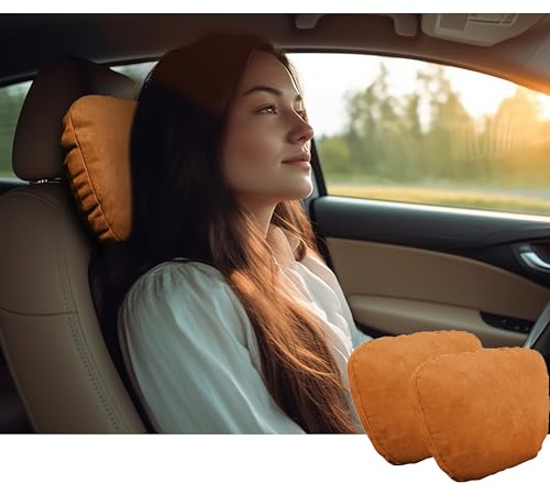 POKSRI nackenkissen Auto,kopfstütze Auto nackenstütze,Superfiber Wildleder Unterstützung Kissen,Pflanzenbasiertes Polyester,30x19cm Nachfüllbar&Verstellbar Fahrzeug(Orange-braun,Nackenkissen 2ps)
