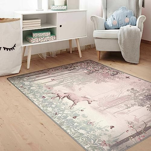Bilderwelten Kinderteppich Einhorn auf Blumenwiese in Rosa Rutschfester Spielteppich Kinderzimmer Teppich 120x180 cm