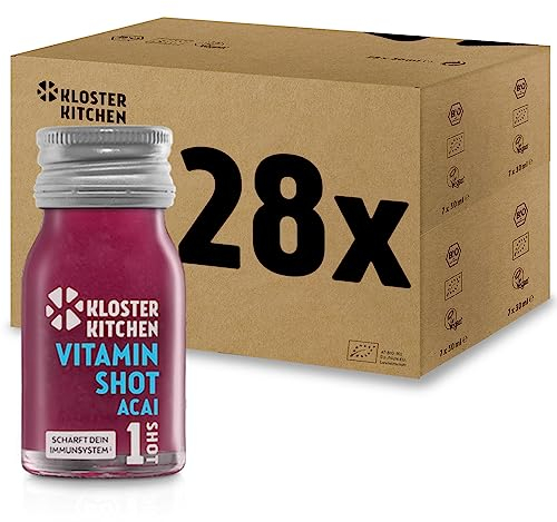 Kloster Kitchen Bio Vitamin Shot Beere Acai 1SHOT 28x 30 ml mit echten Ingwerstückchen I Ingwer Shot vegan in der To Go Glasflasche I süß-scharf ohne Zusatzstoffe & mit natürlicher Süße