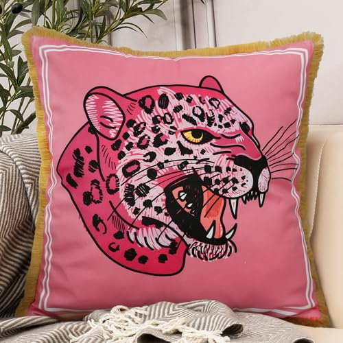 CURRAMET Dekorativer Samt-Kissenbezug mit Leopardenkopf, 45,7 x 45,7 cm, rosa Gepardenmuster, weiches Leopardenmuster, Kissen mit Quaste, Kissenbezug für Sofa, Couch, Schlafzimmer, Wohnzimmer