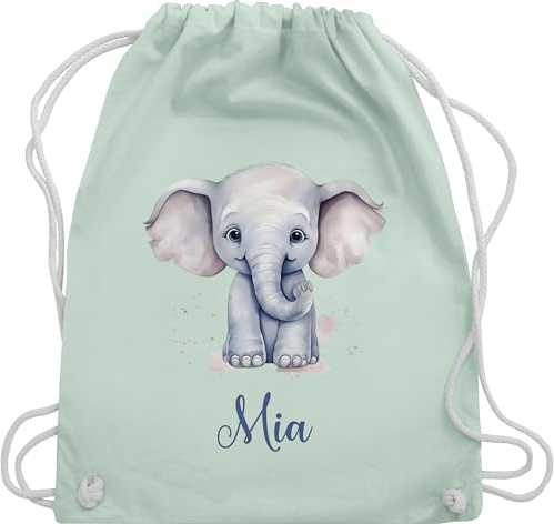 Turnbeutel Rucksack - Zootiere - Elefant Dickhäuter Grauer Riese Rüsseltier - Unisize - Pastell Grün - tasche für kita elefanten geschenke beutel und elefantenmotiv sportbeutel junge elephant