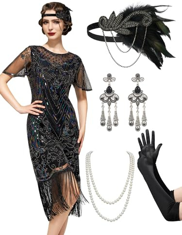 SWEETV 20er Jahre Kostüm Damen, Gatsby Kleid Damen mit 20er Jahre Kleid Accessoires, Charleston Flapper outfit