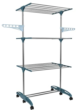 Hyfive Clothes Airer Clothes Drying Rack Indoor Clothes Horse Laundry Clothes Rack Clothes Dryer 4 Tier Foldable Space Saving With Shoe Rack Stainless Steel Easy Storage (Blue)