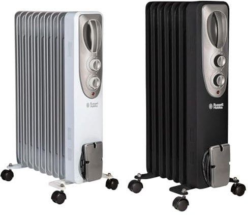 Russell Hobbs 2000W/2KW Oil Filled Radiator, 9 Fin Portable Electric Heater - White & 1500W/1.5KW Oil Filled Radiator, 7 Fin Portable Electric Heater - Black