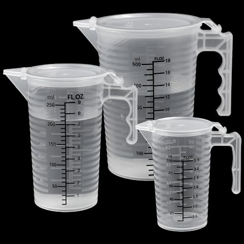 YAANBUNB 3 jarras medidoras de plástico de 100 ml, 250 ml, 500 ml, vasos medidores de líquido transparente graduado, resistente al calor, jarra medidora pequeña de arroz con asa y tapa para hornear