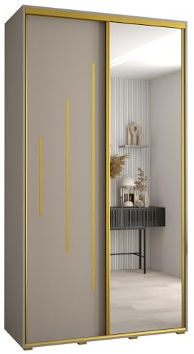 MEBLE KRYSPOL Dakota 13 Schrank mit Zwei Schiebetüren - Moderner Kleiderschrank mit Spiegel, Kleiderstange und Regalen - 235,2x140x45cm - Kaschmir Gold