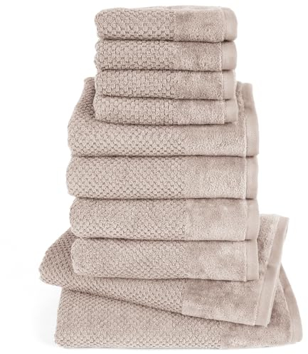 Pure Label 10-TLG. Handtücher Set mit Aufhängeschlaufen aus 100% Baumwolle, saugstark und weich - 2X Badetuch (70x140 cm) 4X Handtuch (50x100cm) 4X Gästetuch (30x50 cm), Stein - Taupe