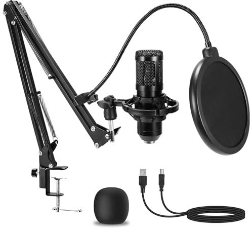 AMOOX Micrófono de condensador, micrófono USB profesional Plug & Play para PC, kit de micrófono cardioide condensador con soporte de brazo ajustable, soporte de choque, para podcast, transmisión,