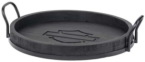 Harley-Davidson Großes Serviertablett aus Holz mit Metallgriffen, 43,2 cm, rund, Schwarz