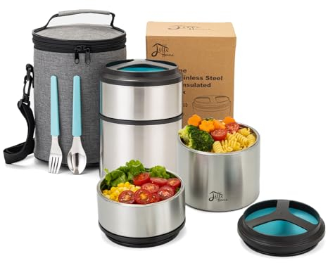 Lille Home Termo de 1500 ml, aislado al vacío, apilable, de acero inoxidable, térmica, para almuerzo/aperitivos, contenedor de 2 niveles con bolsa de almuerzo (Azul)