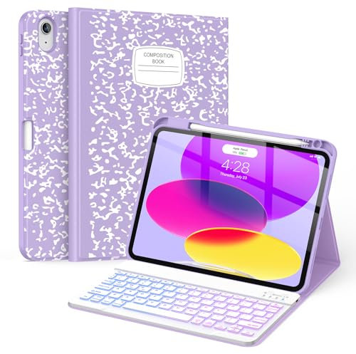 Supveco Funda de teclado para iPad de 10.ª generación 10.9 pulgadas con soporte para bolígrafo - [múltiples ángulos de visión], 7 colores retroiluminada inalámbrica extraíble funda de teclado folio