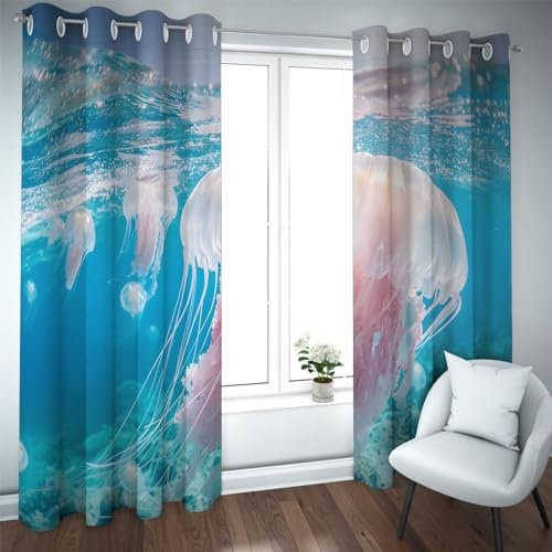 CHERHERART Ocean Theme Kindervorhänge Verdunkelung Noise Cancelling Vorhänge Qualle Sommer Vorhänge für Kinder Schlafzimmer Kinderzimmer-Blau B140xH260