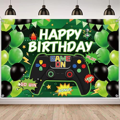 Gaming Party Decorations for Boys - Gamer Birthday Backdrop Banner, Video Game Theme Party Supplies Photo Photography Background, Green Happy Birthday Background Cloth 180 x 120 Cm