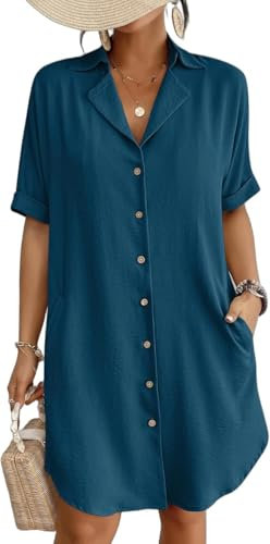 Bsubseach Swimsuit Coverup for Women Button Down Beach Shirt Dress Short Sleeve Summer Beachwear Sea Blue L