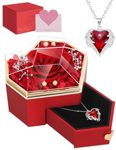 Coyonce Ewige Rose Box mit Herz Halskette, Handgefertigte Konservierte Rose mit Schmuck Geschenkbox, Ewige Blume Geschenk Freundin, Frauen Anhänger Geschenk am Valentinstag, Weihnacht, Muttertag