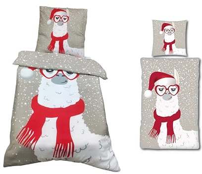 YOUNG DA - Weihnachts-Alpaka mit Weihnachtsmütze - Kuschelige Fleece Bettwäsche, wärmendes 2-TLG. Set mit Bettbezug 135x200 cm & Kissenbezug 80x80 cm