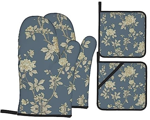 Set di 4 guanti da forno con fiori blu e gialli e presine, set da 4 pezzi, decorazione per la casa, cucina, regalo di Natale