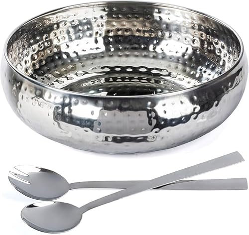 Salad Bowl and Serving Utensils - Hammered Detailing - Stainless Steel Mixing Bowls with Lids- Luxurious Serving Bowls (12 Silver Hammered Salad Bowl)