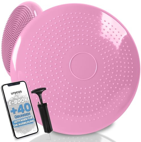 unycos - Ballsitzkissen inkl. Pumpe【Ø34 cm | Trägt 150 kg】Orthopädisches Sitzkissen Anti-Burst, Noppenkissen, Balance Pad, Luftkissen für Bürostuhl, Fitness, Reha/Koordinations (Hellrosa; Basic)
