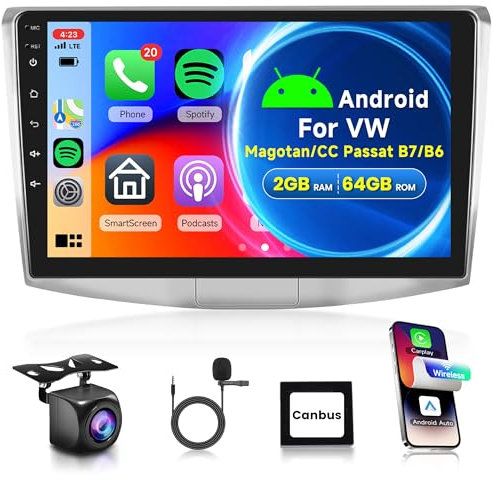 2G+64G Inalámbrico Carplay Android Radio Coche para VW Magotan/CC Passat B7/B6 2010-2015 10.1 Pulgadas Radio Coche 2 DIN con Android Auto GPS Navi WiFi Mirror Link Bluetooth FM/RDS/SWC Cámara Trasera