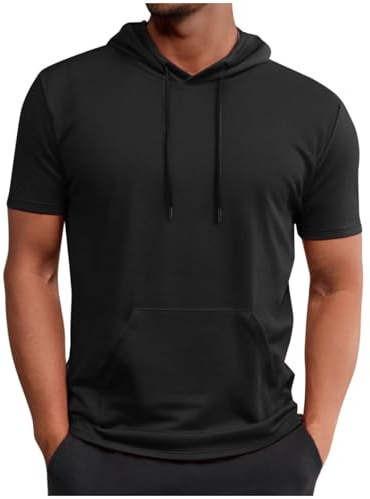 T Shirt Herren mit Kapuze Einfarbig Sport Tshirt Leicht Kurzarm Hoodie Atmungsaktives Sommer T-Shirt Freizeit Sweatshirt mit Taschen Schnelltrocknendes Sportshirt Fitness Funktionsshirt Streetwear