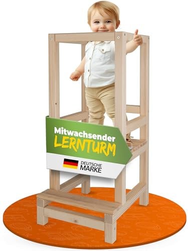 STRAHLKIND® Lernturm ab 1 Jahr [Anti Kipp Schutz] aus Kiefernholz - Montessori Lernturm höhenverstellbar - Learning Tower - Tritthocker für Kinder