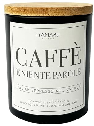 ITAMARU – Caffè e Niente Parole Duftkerze mit Kaffee- und Vanilleduft, handgefertigt in Italien, 100% Sojawachs, Holzdocht, schwarzes Glas mit Bambusdeckel, 220 g – Geschenk für Frauen und Männer