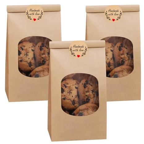 Frizlryem 25 Sacs de Boulangerie en Papier Kraft avec Fenêtre, 9x6x17cm, Sacs à Fermeture Tin Tie pour Biscuits, Café, Pain, Bonbons, Cadeaux, Livrés avec 25 Autocollants Handmade - Marron