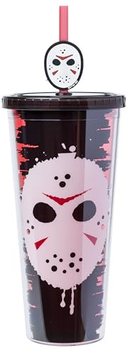 Silver Buffalo Friday The 13th Plastic Cold Cup with Lid and Straw Topper, 24 Ounces