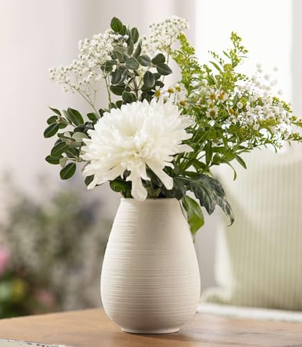Dekoleidenschaft Dekovase Ecru aus Porzellan, beige matt, Blumenvase mit Rillenstruktur, Tischvase, dekorative Vase für Wohnzimmer, Küche, Büro